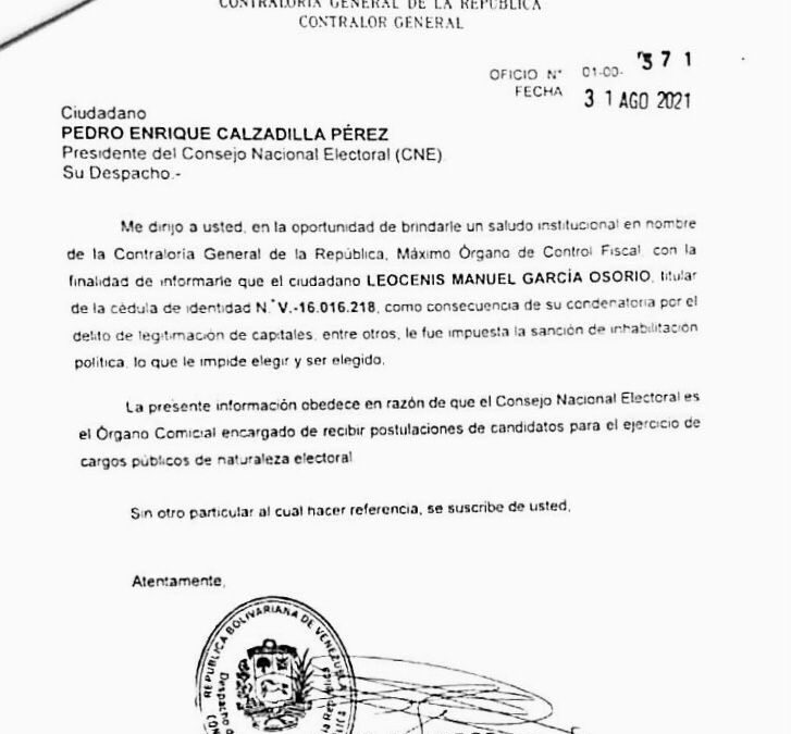 Comunicado de Prensa: Prociudadanos espera que el Tribunal Supremo de Justicia subsane la inhabilitación de hecho ante el Consejo Nacional Electoral de Leocenis García.